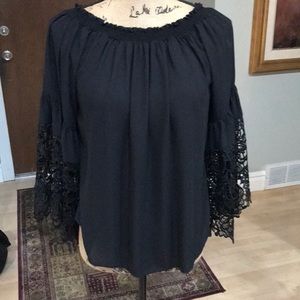 NWT Bali Black Peasant Top Lace Sleeves Black P/S